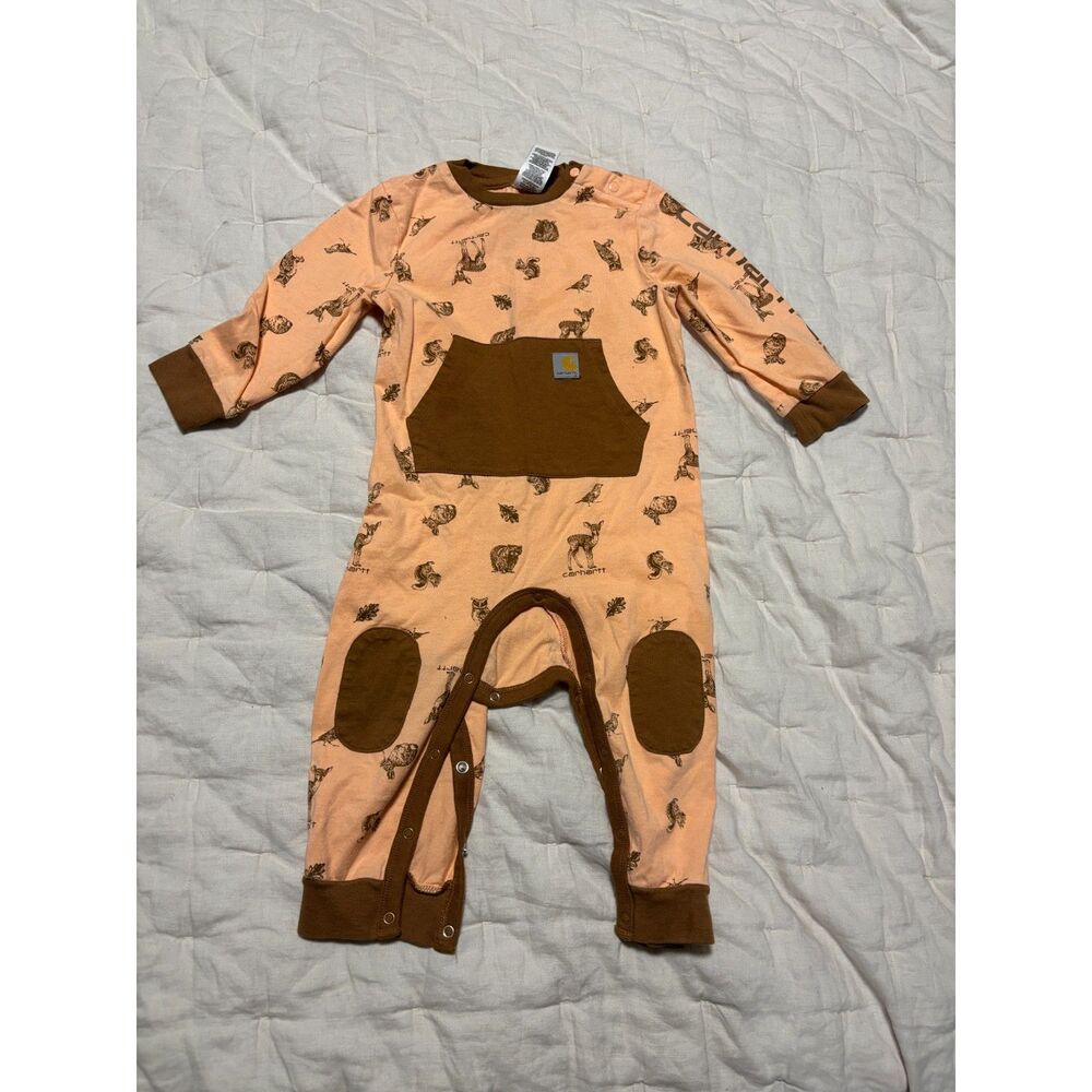 Carhartt One Piece Romper Snap Butons Printed Baby Size 12M Pink Brown